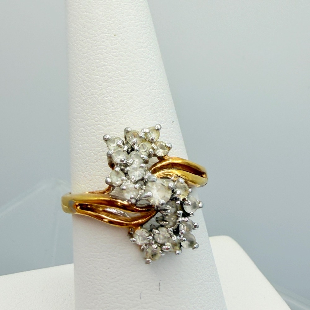 Vintage 14K GE Clear Rhinestone Cluster Ring Two Tone Bypass Size 7.5